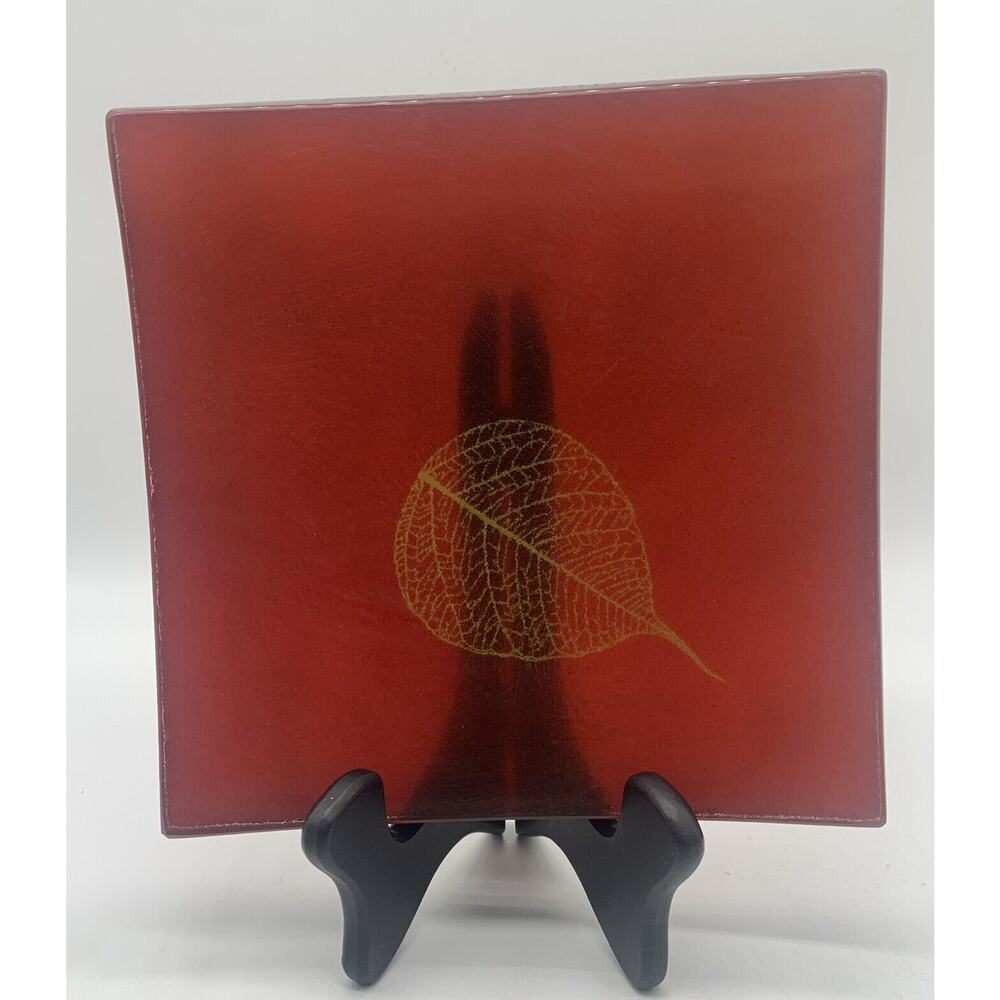 Signed Annieglass USA Fallen Leaf Cranberry Art Glass Slab Plate 8” 32/37
